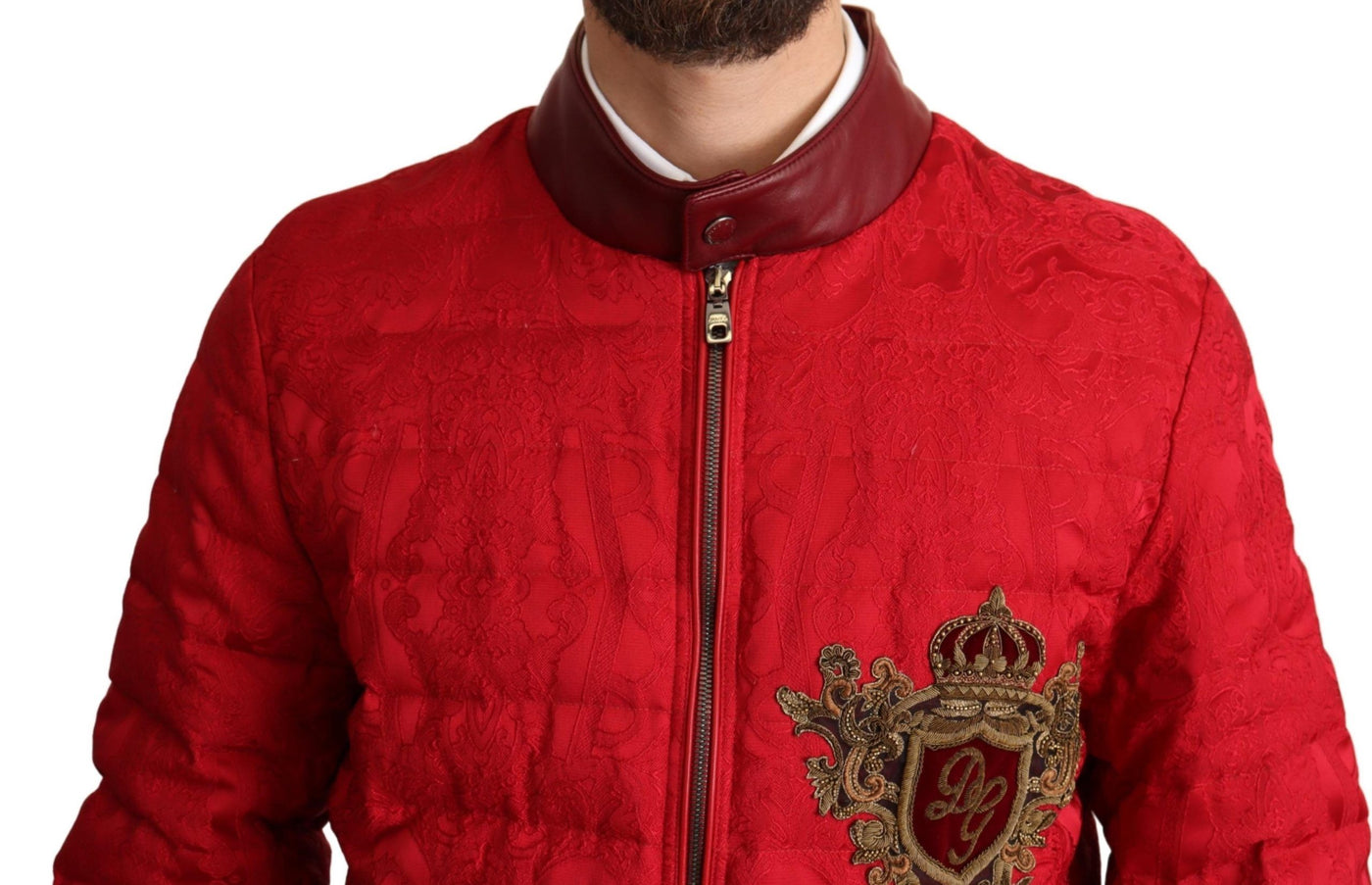 Red Brocade Bomber Gold Crown Logo Coat Jacket