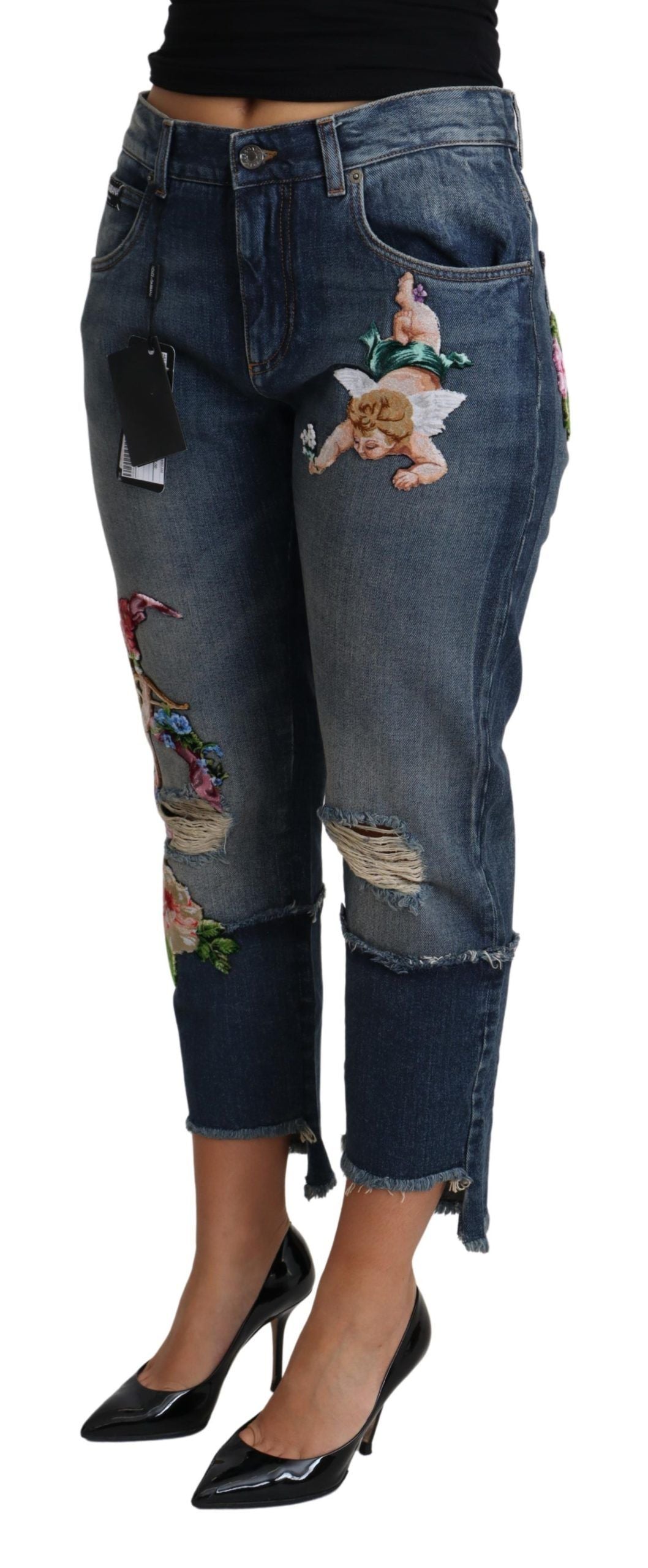 Blue Floral Embroidery Cropped Cotton Jeans