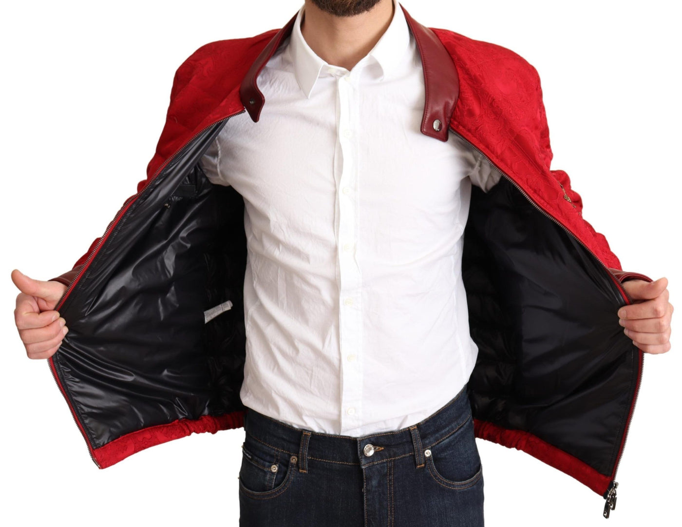 Red Brocade Bomber Gold Crown Logo Coat Jacket