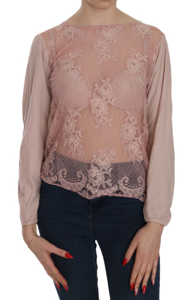 Pink Lace See Through Long Sleeve Blouse