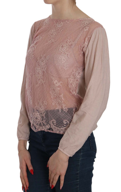 Pink Lace See Through Long Sleeve Blouse