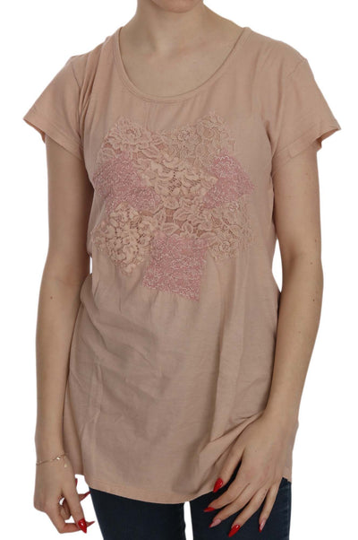 Pink Cream Lace Short Sleeve Shirt Top Cotton Blouse