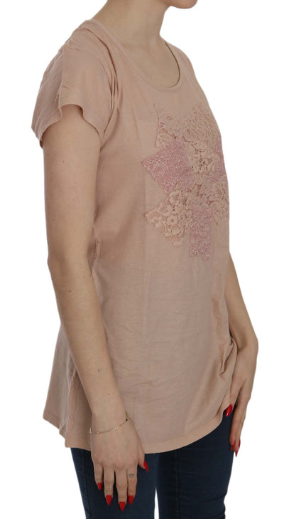 Pink Cream Lace Short Sleeve Shirt Top Cotton Blouse