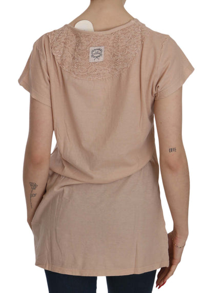 Pink Cream Lace Short Sleeve Shirt Top Cotton Blouse