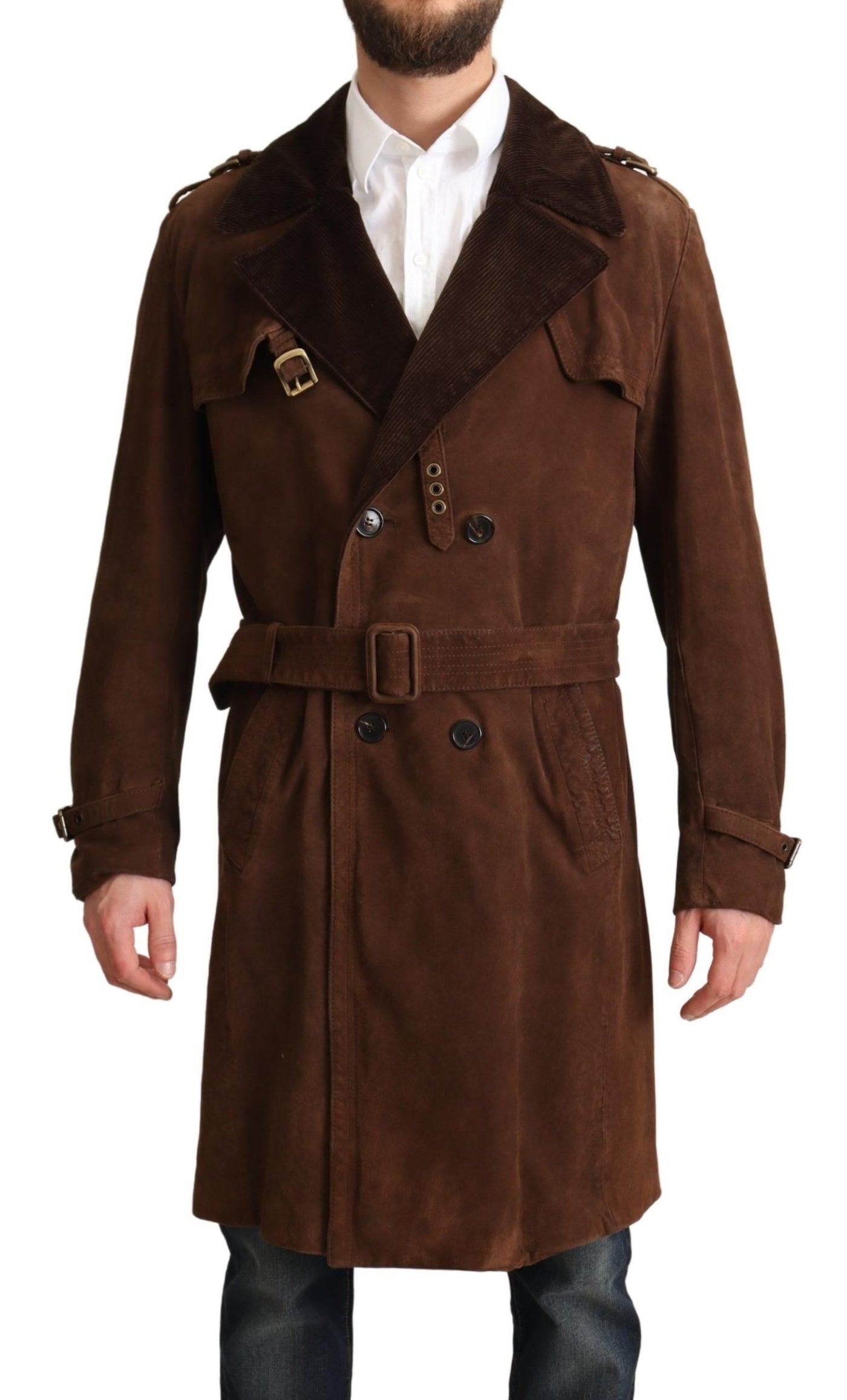 Brown Leather Long Trench Coat Men Jacket