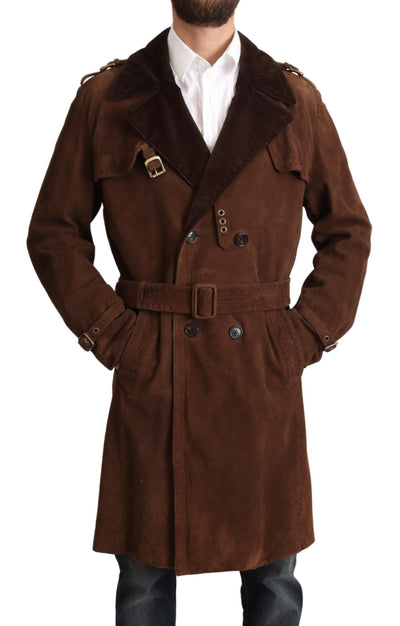 Brown Leather Long Trench Coat Men Jacket