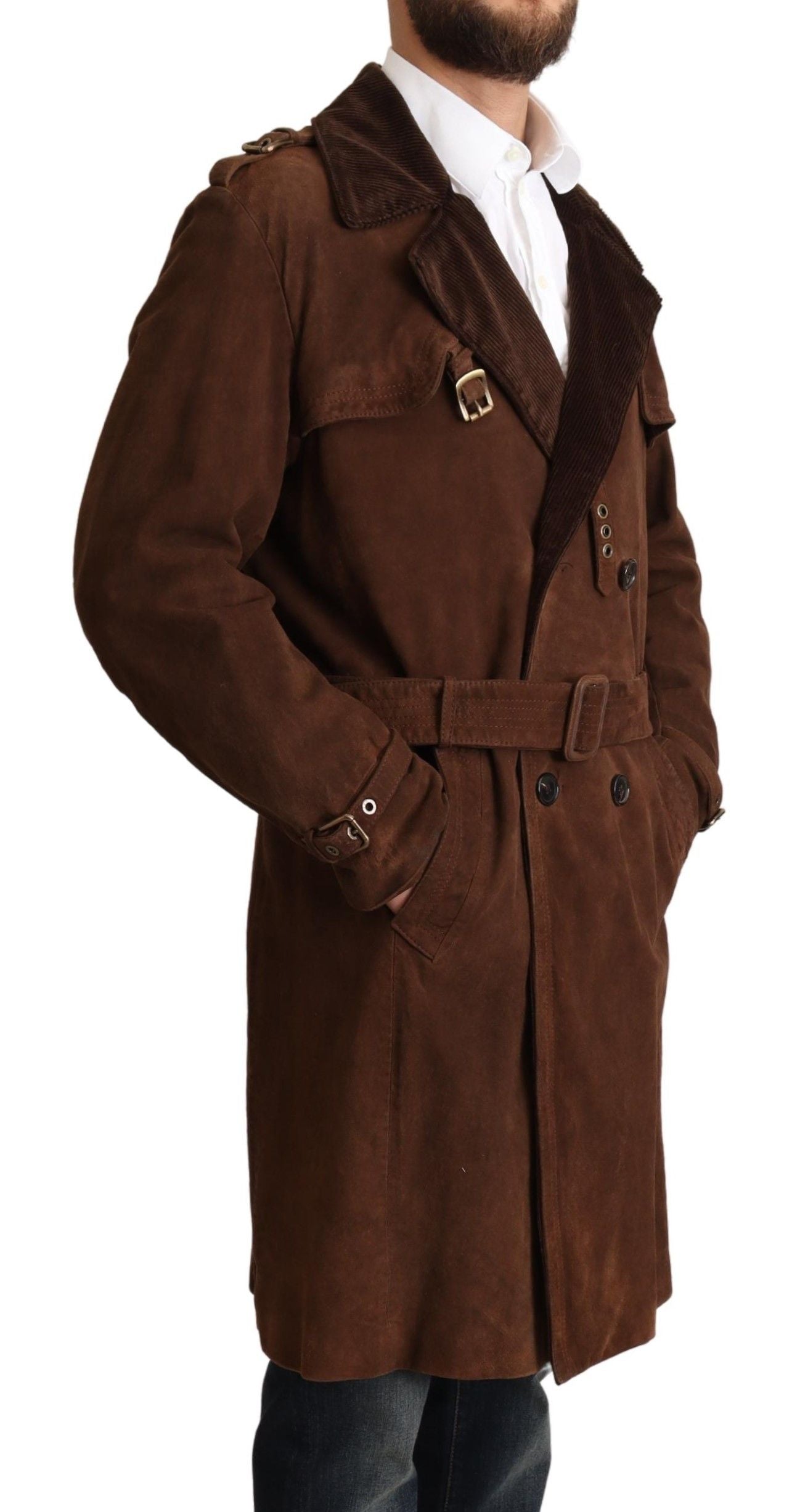 Brown Leather Long Trench Coat Men Jacket