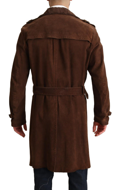 Brown Leather Long Trench Coat Men Jacket