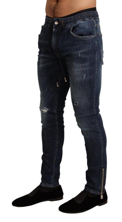 Blue Cotton Stretch Tattered Denim Jeans