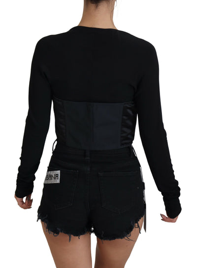 Black Bustier Crop Long Sleeve Bodice Effect Top