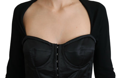 Black Bustier Crop Long Sleeve Bodice Effect Top