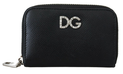 Black Leather Crystal DG Logo Zip Around Purse Wallet