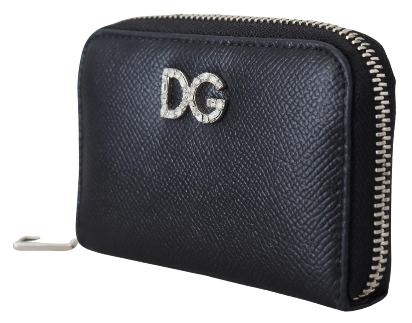 Black Leather Crystal DG Logo Zip Around Purse Wallet