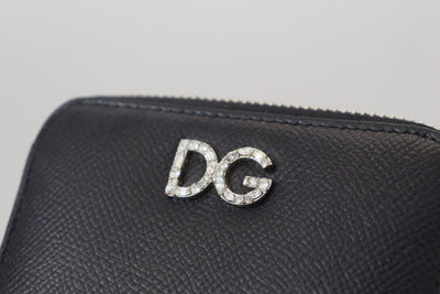 Black Leather Crystal DG Logo Zip Around Purse Wallet