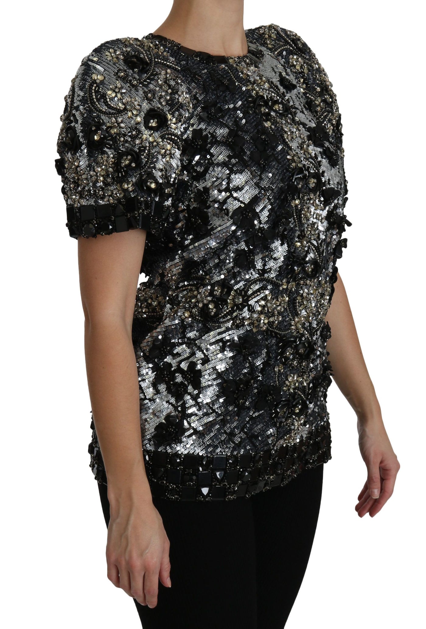 Black Sequined Crystal Embellished Top Blouse