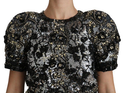 Black Sequined Crystal Embellished Top Blouse