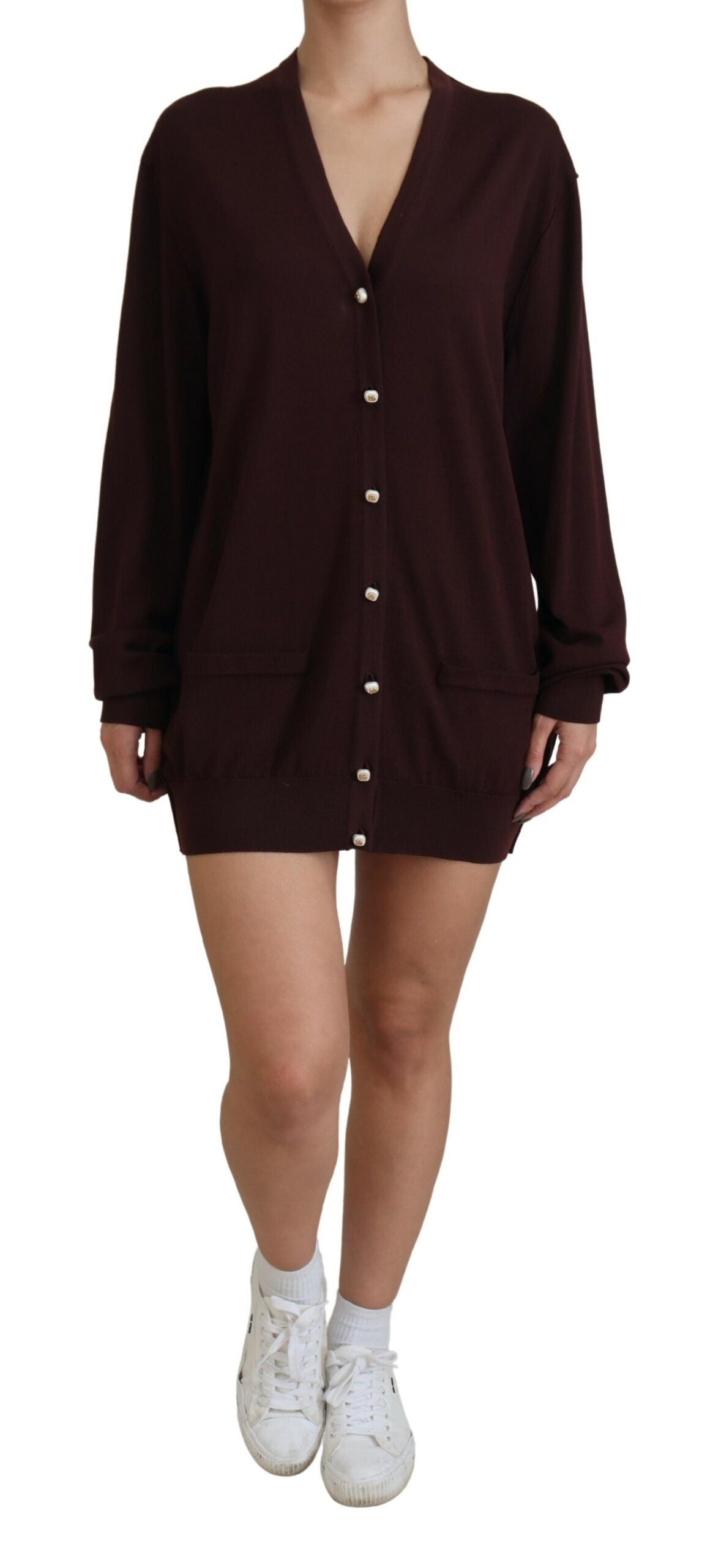 Maroon Wool Knit Deep V-neck Cardigan Sweater