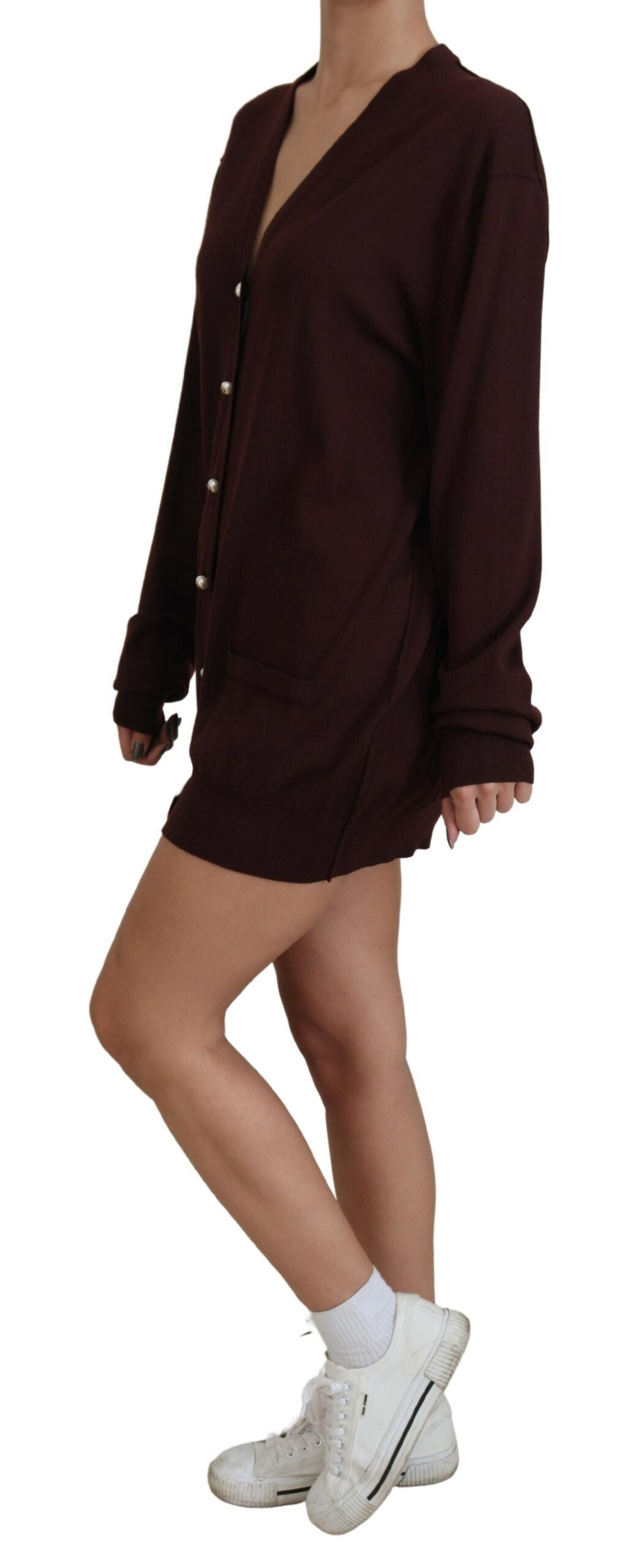 Maroon Wool Knit Deep V-neck Cardigan Sweater