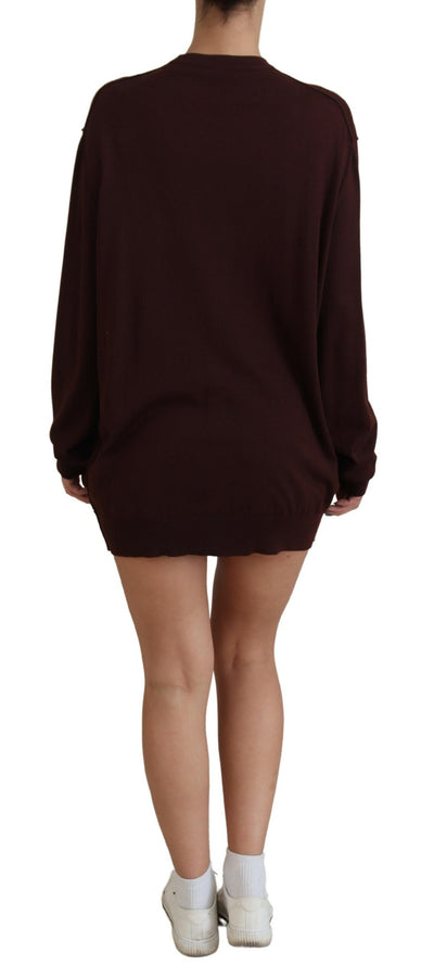 Maroon Wool Knit Deep V-neck Cardigan Sweater