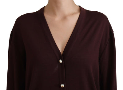 Maroon Wool Knit Deep V-neck Cardigan Sweater