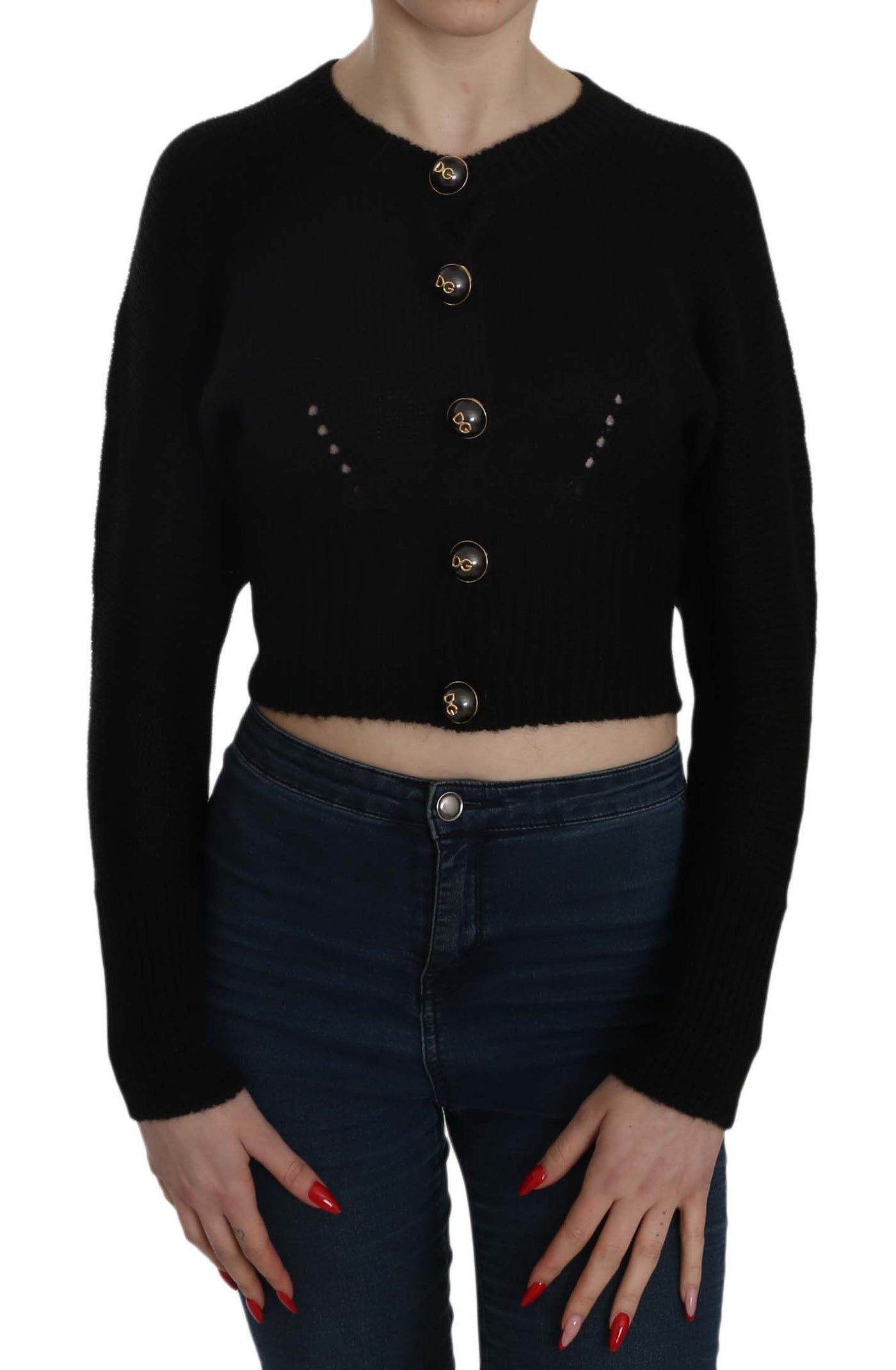 Black Button Embellish Crop Cardigan Sweater