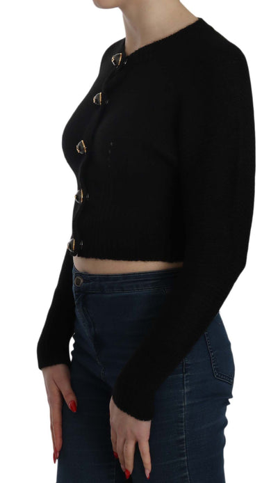 Black Button Embellish Crop Cardigan Sweater