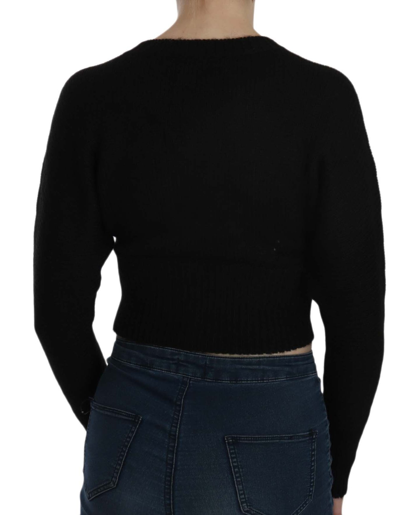 Black Button Embellish Crop Cardigan Sweater