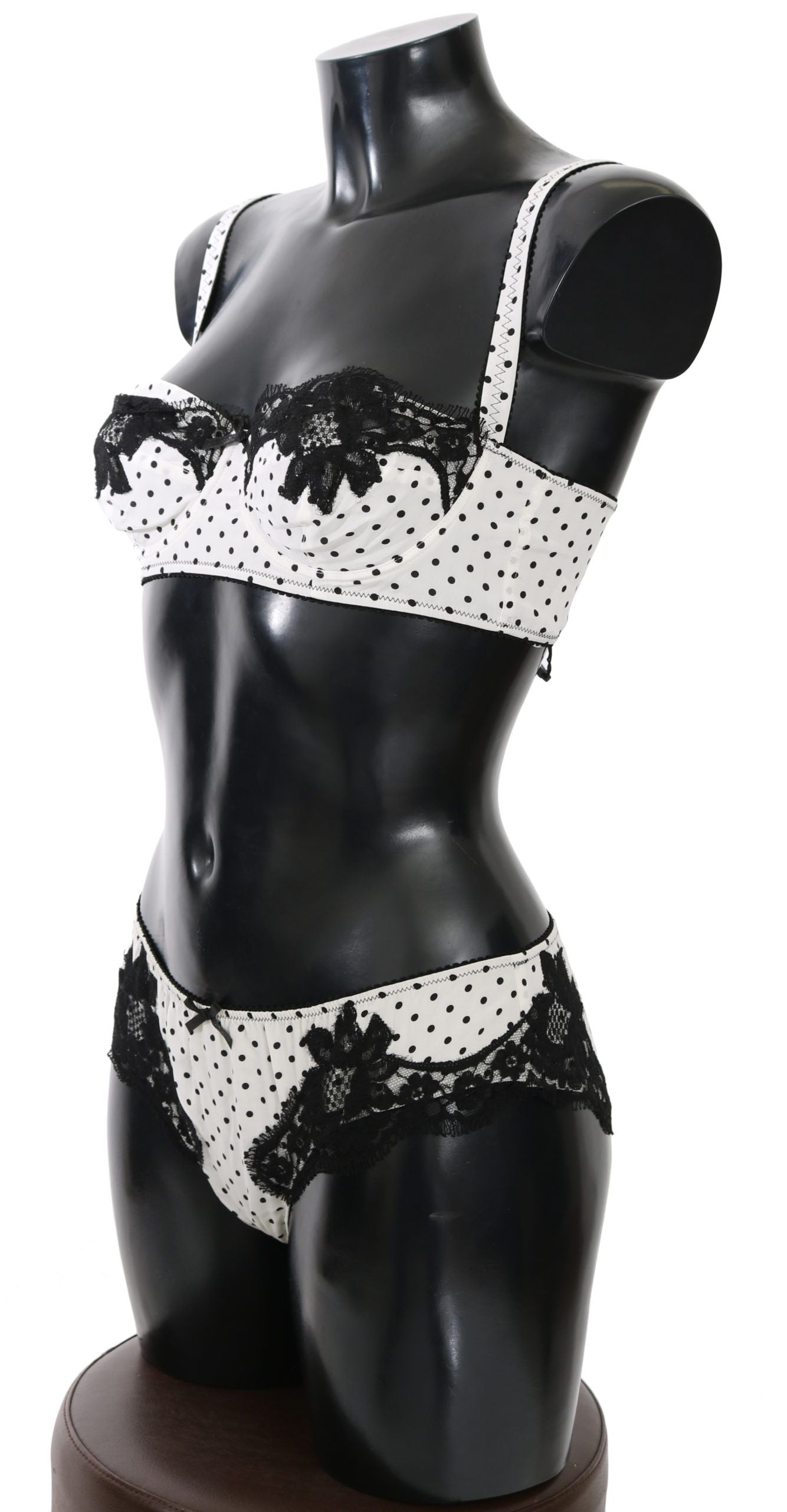 White Black Dot Silk Lace Stretch Set Underwear