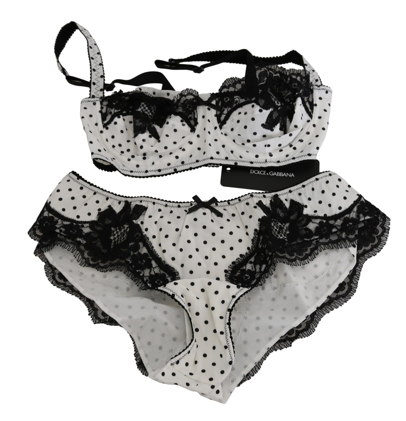 White Black Dot Silk Lace Stretch Set Underwear