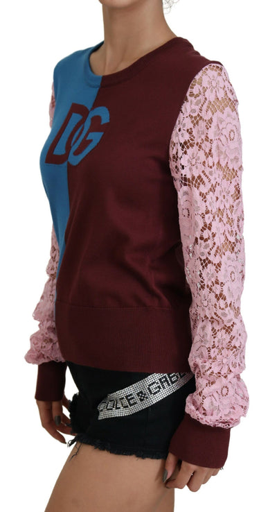 Multicolor Lace Round Neck Pullover Sweater