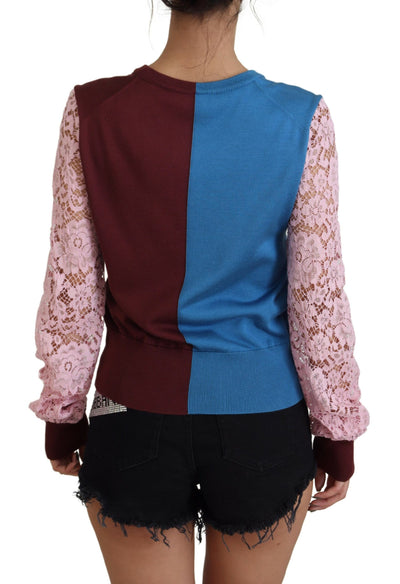 Multicolor Lace Round Neck Pullover Sweater