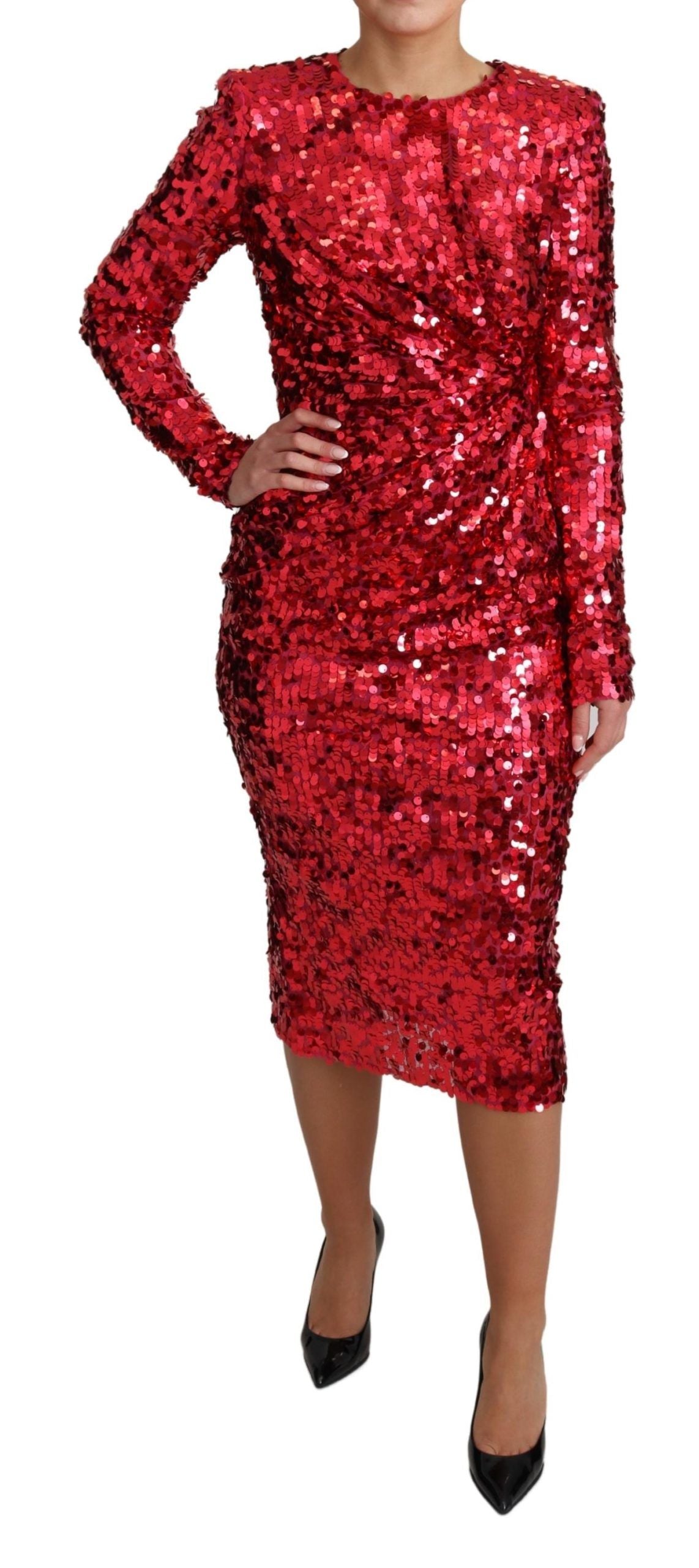 Red Sequin Sheath Long Sleeves Midi Dress