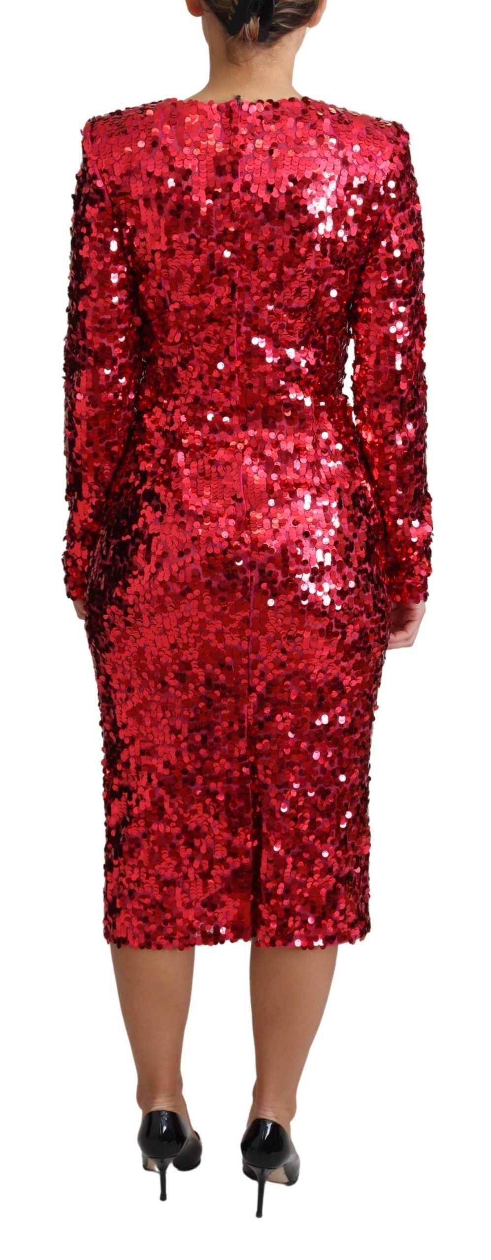 Red Sequin Sheath Long Sleeves Midi Dress