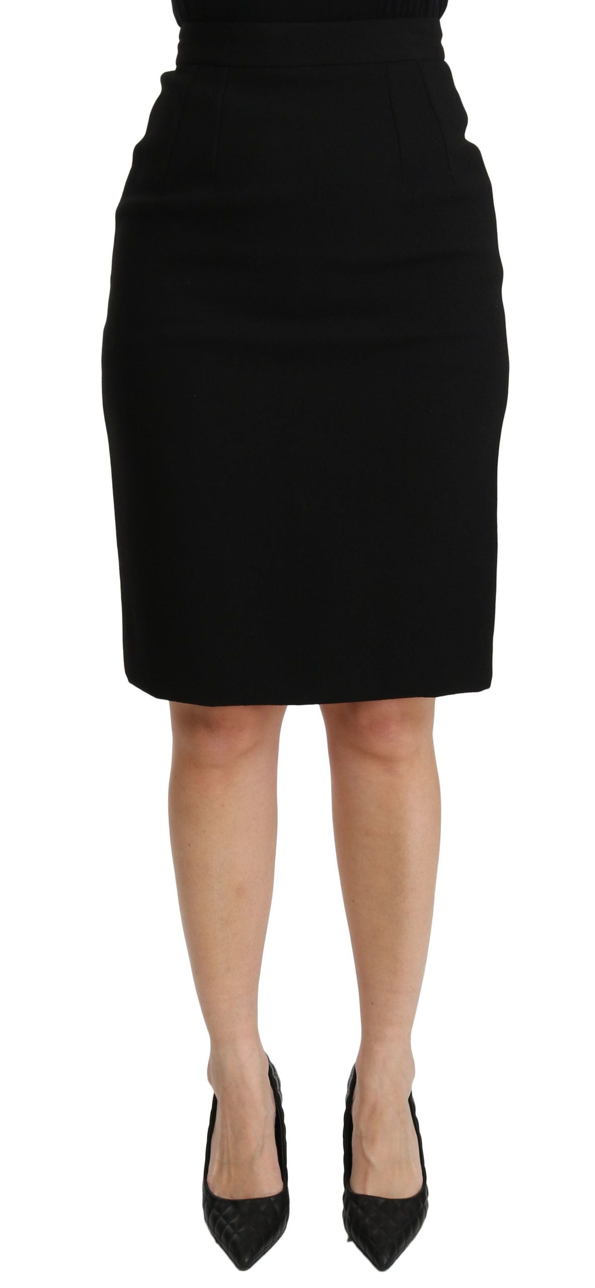 Black Pencil Cut High Waist Wool Skirt