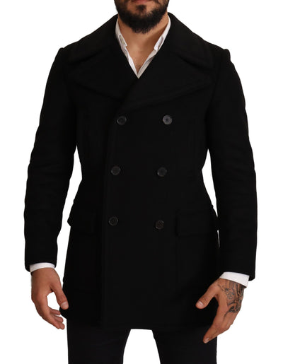 Black Wool Mens Trench Peacoat Jacket