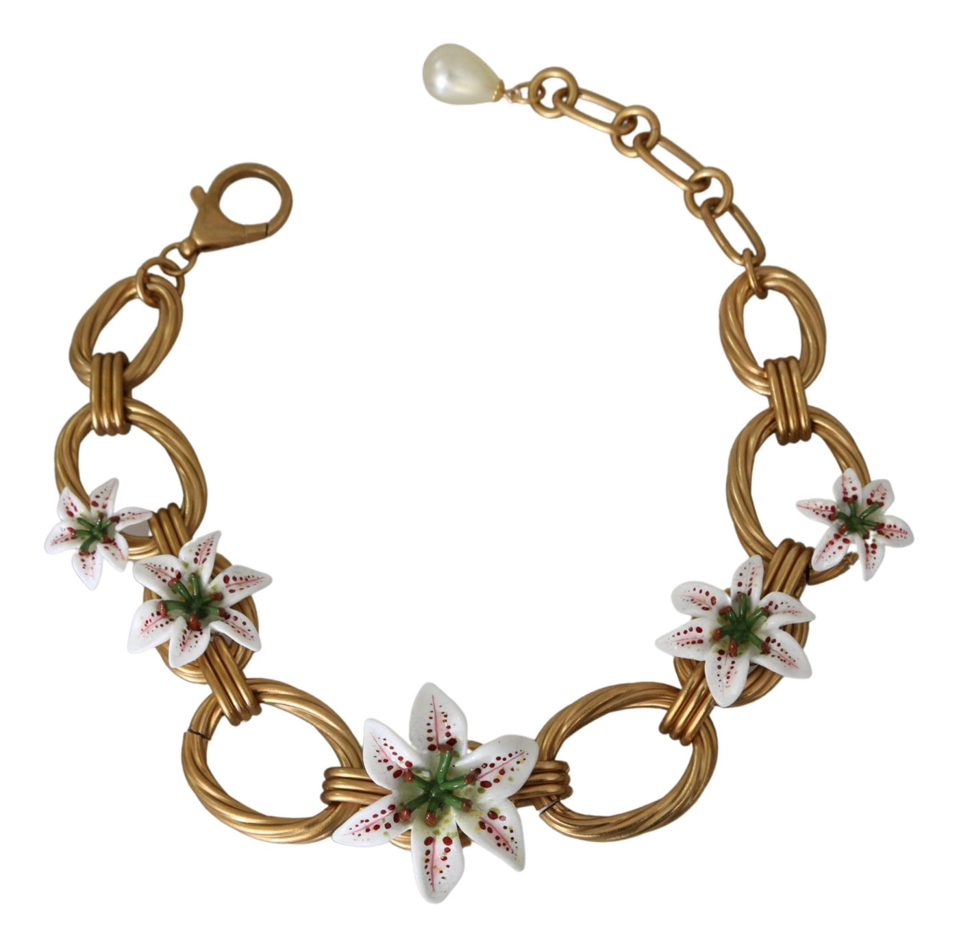 White Floral LILIUM Pendant Gold Chain Brass Pearl Necklace