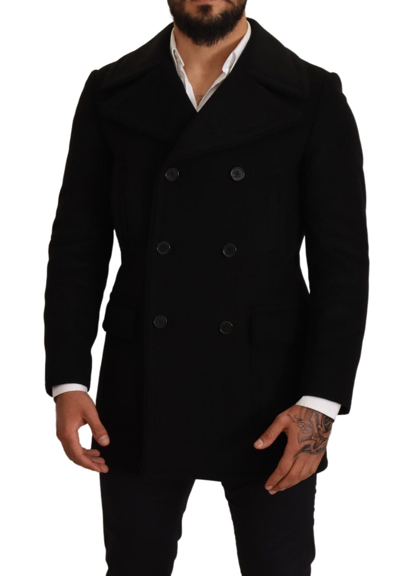 Black Wool Mens Trench Peacoat Jacket