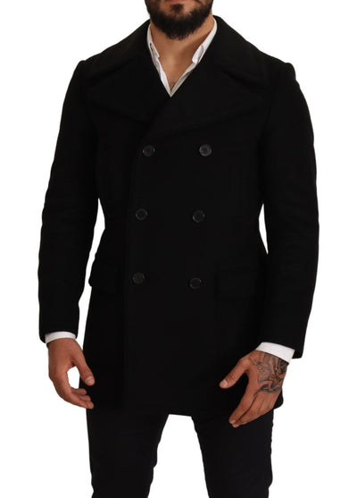 Black Wool Mens Trench Peacoat Jacket