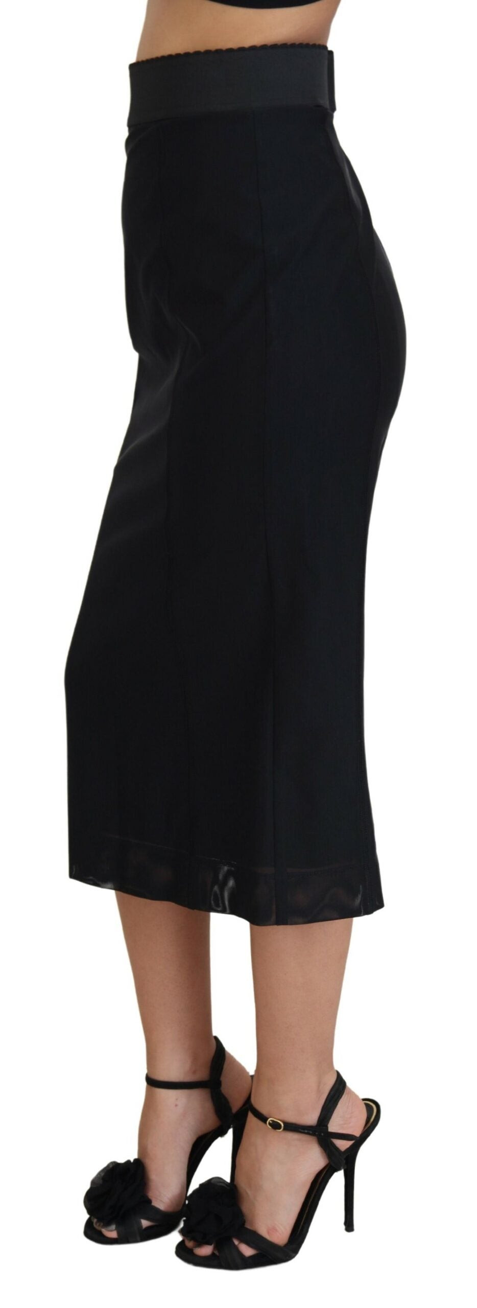 Black Nylon Pencil Cut High Waist Midi Skirt