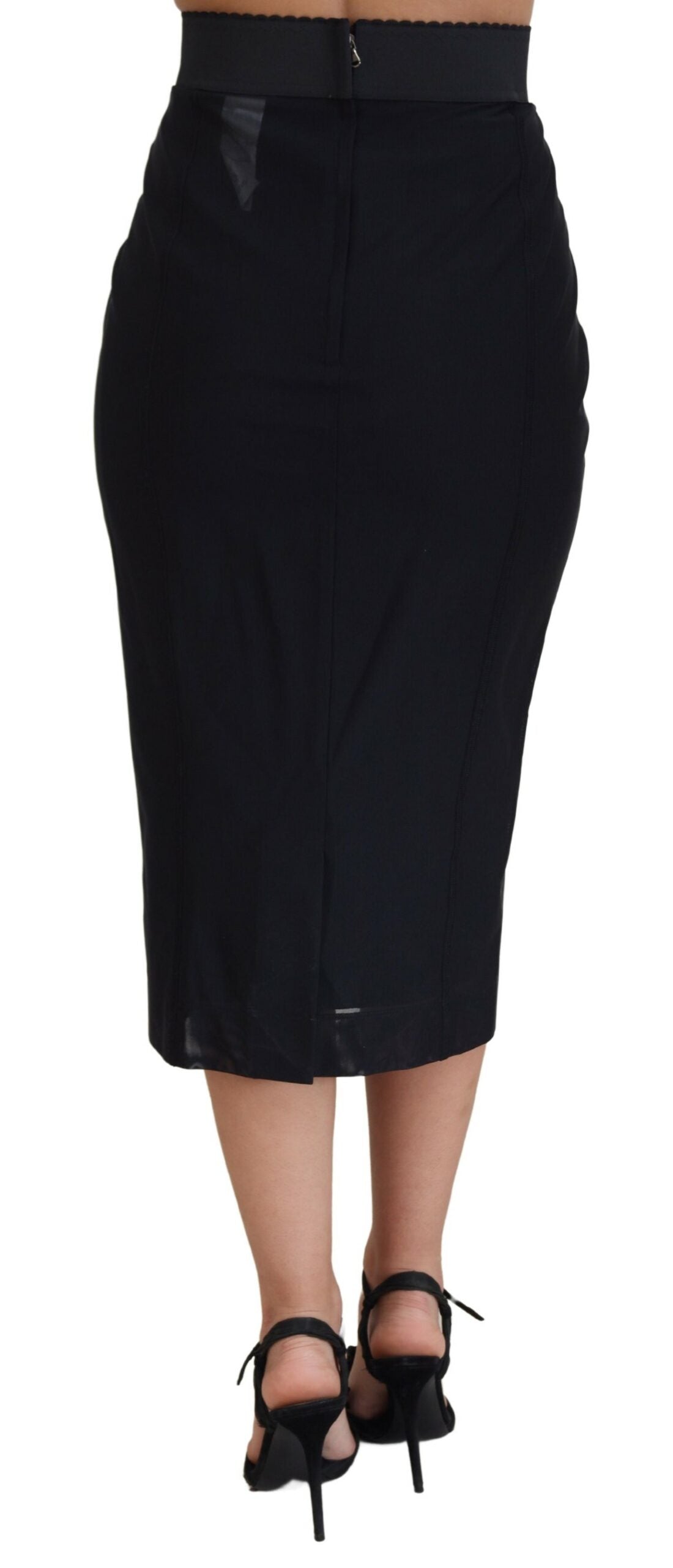 Black Nylon Pencil Cut High Waist Midi Skirt