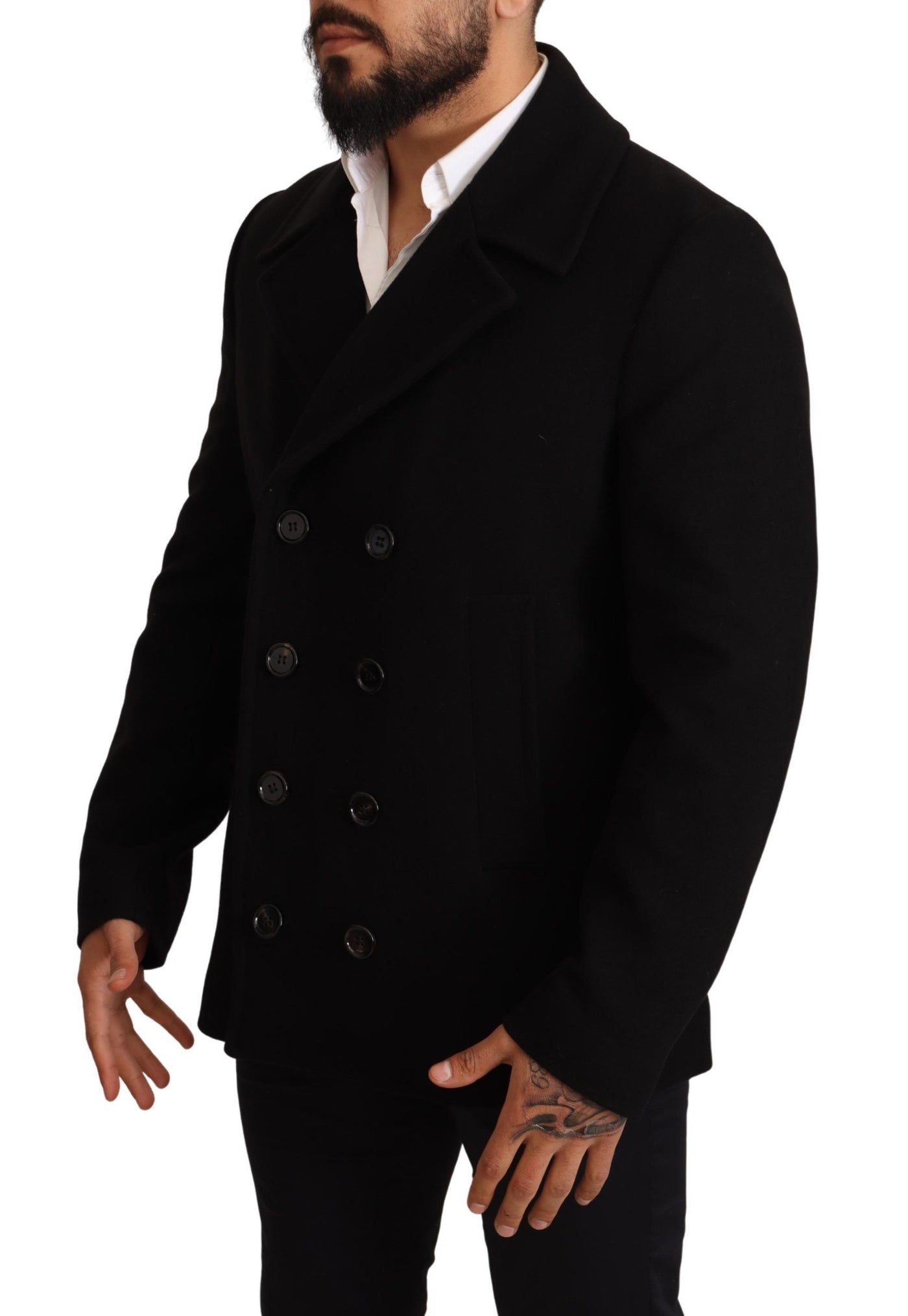 Black Wool Trench Peacoat Jacket