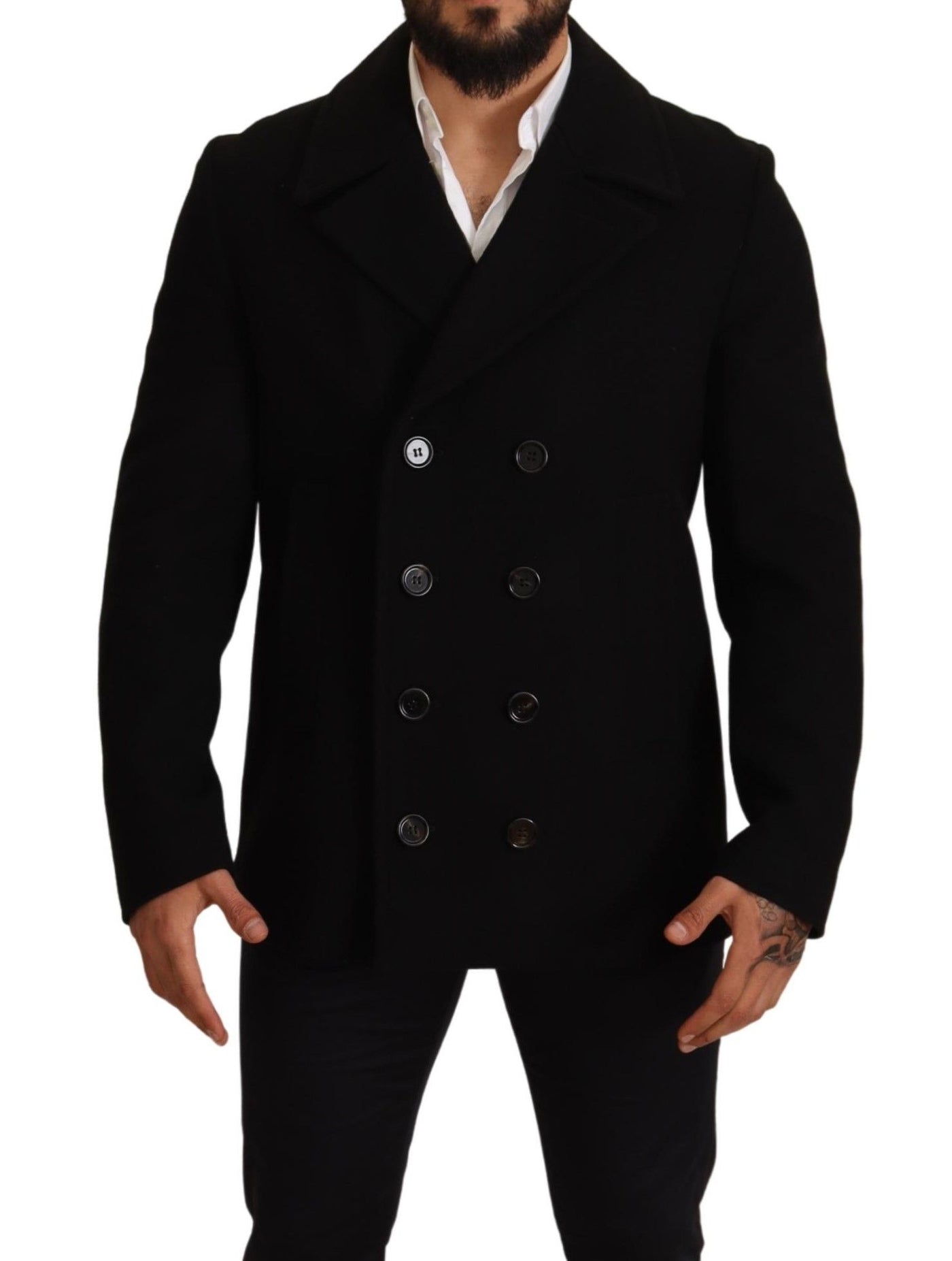 Black Wool Trench Peacoat Jacket