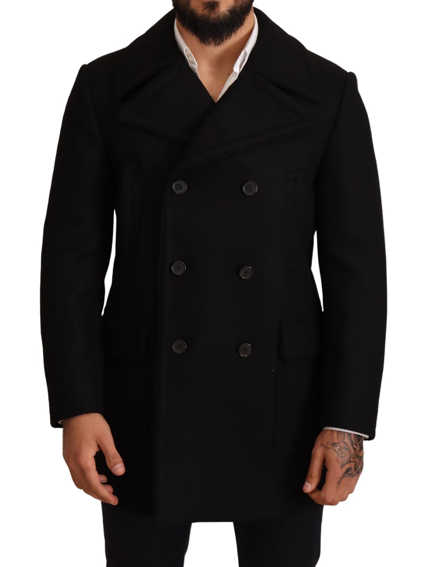 Black Wool Trench Peacoat Jacket