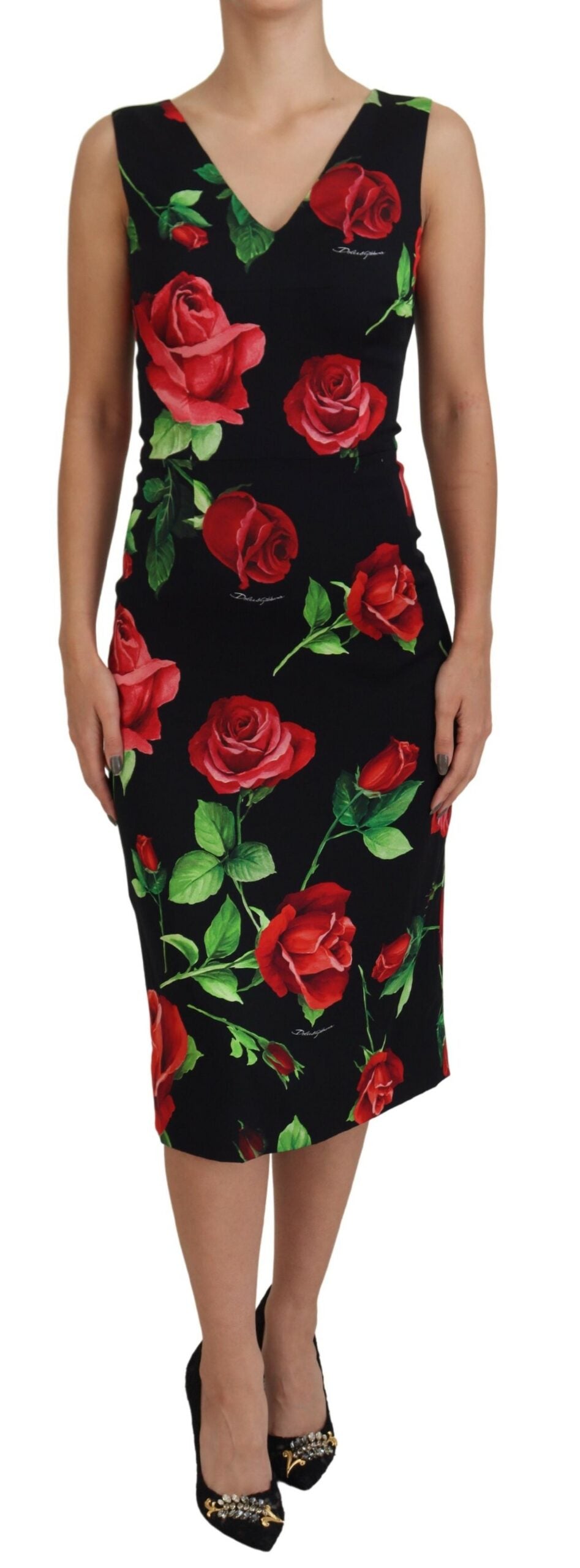 Black Roses Vneck Sleeveless Sheath Midi Dress