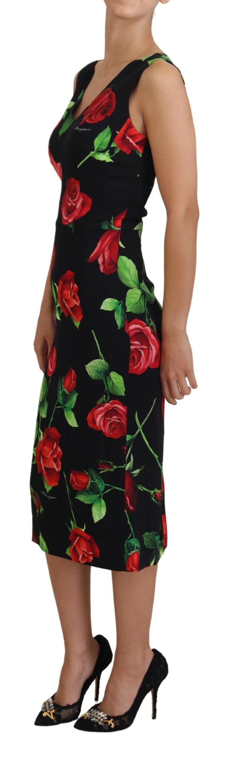 Black Roses Vneck Sleeveless Sheath Midi Dress