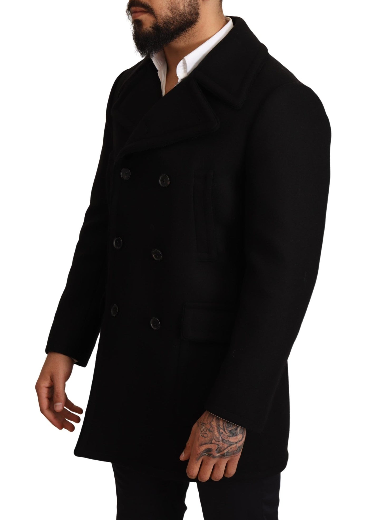 Black Wool Trench Peacoat Jacket