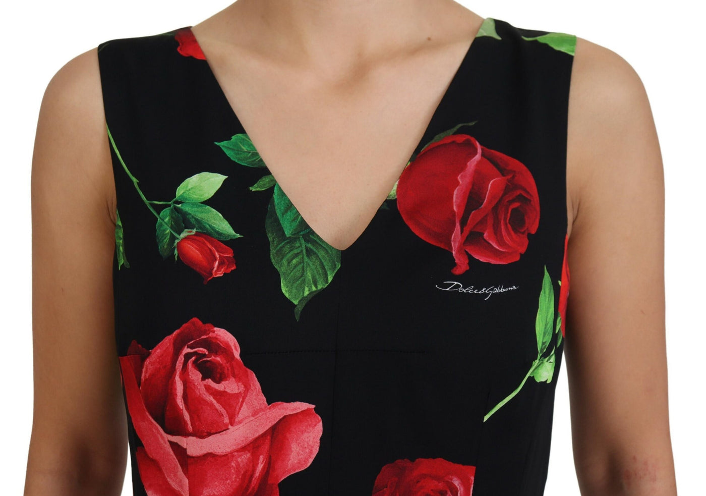 Black Roses Vneck Sleeveless Sheath Midi Dress