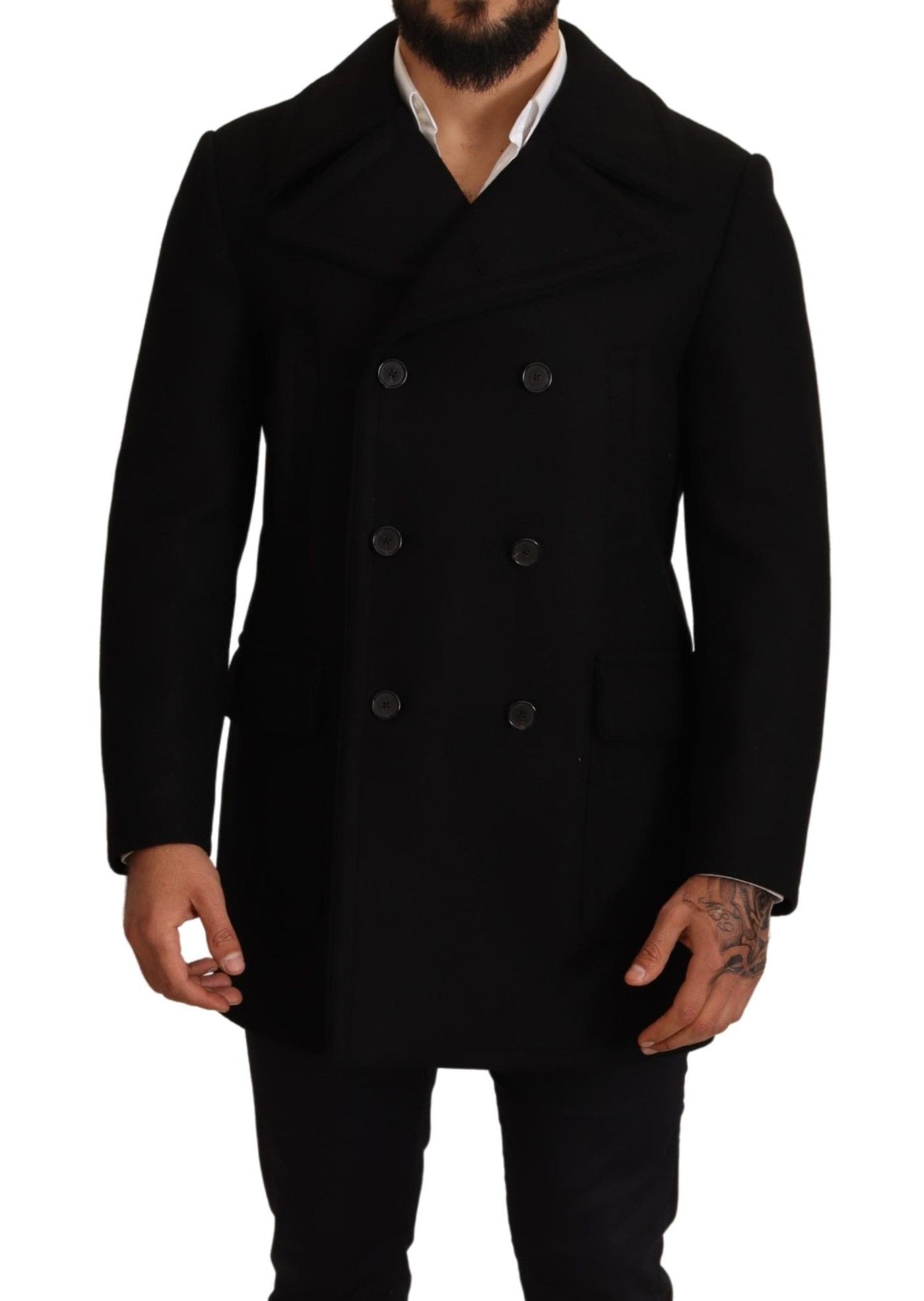 Black Wool Trench Peacoat Jacket