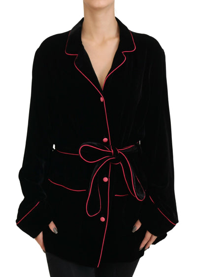 Black Button Belted Blazer Viscose Jacket