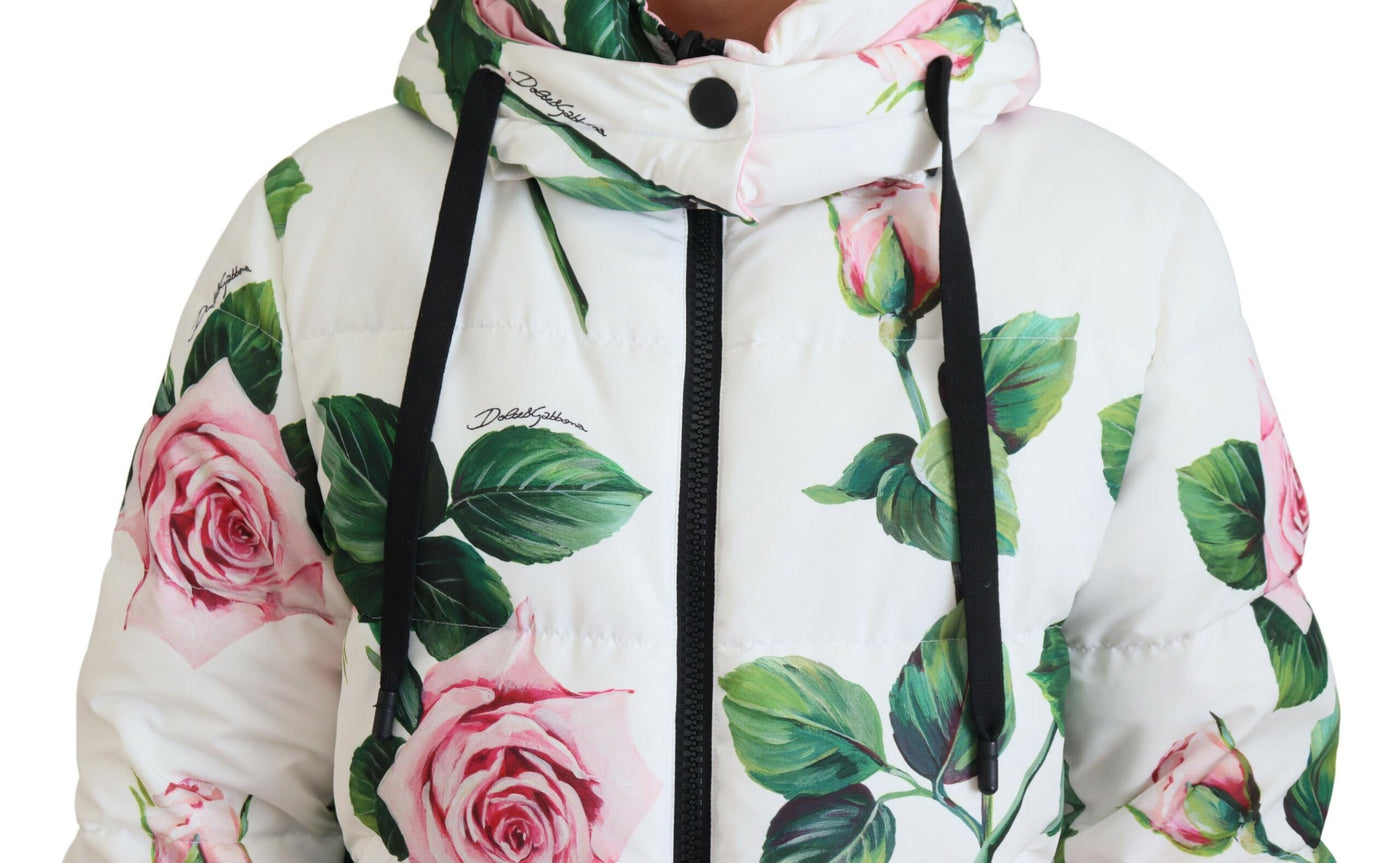 White Roses Print Polyester Full Zip Jacket